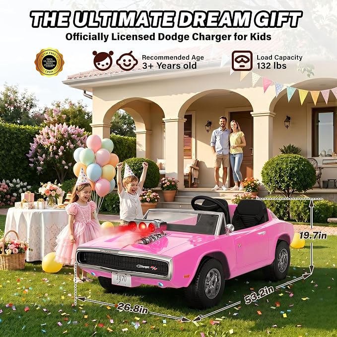 Licensed 1970 Dodge Charger 24V Ride on Toys for Big Kids, 2 Seater Ride on Car with Parent Remote Control, Dual 120W Motors, Bluetooth Music, LED Lights, Hood Supercharger with Mist, 5 MPH