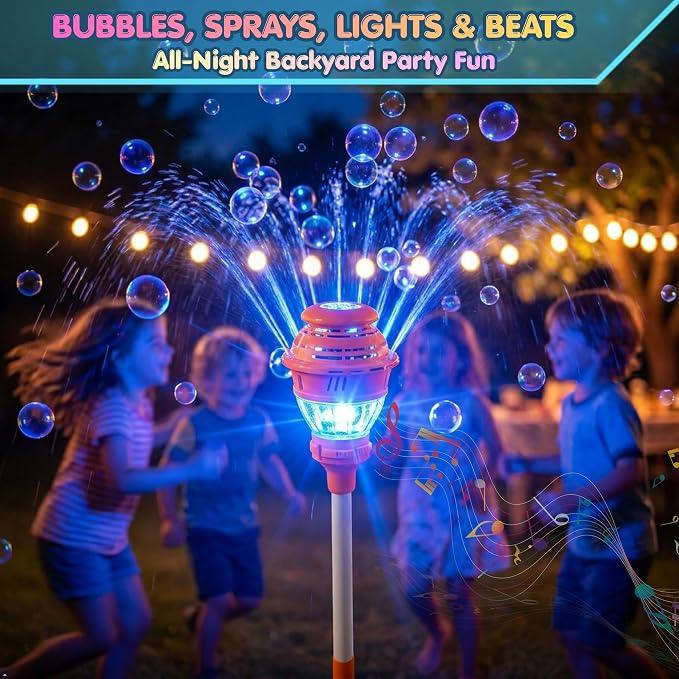 2-in-1 Standing Bubble Machine & Water Sprinkler for Kids, Battery Operated with Lights Music, Summer Outdoor Backyard Water Toy for Boys Girls Age 3+