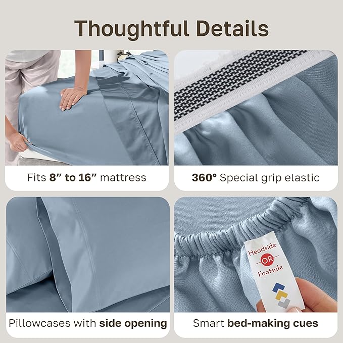 California Design Den Luxury 100% Cotton Sateen - Buttery Soft 800 Thread Count Queen Bed Sheet Set, Durable Deep Pocket Sheet Set - Dusty Blue