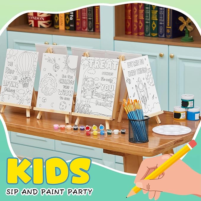 Ireer 12 Set Paint Party Set 8 x 10 Sip and Paint Kit Include 12 Printed Pre Drawn Canvas Panel, Wooden Easels, Palettes, Pots, Apron 36 Brushes for Adult Art DIY Party(Inspirational)