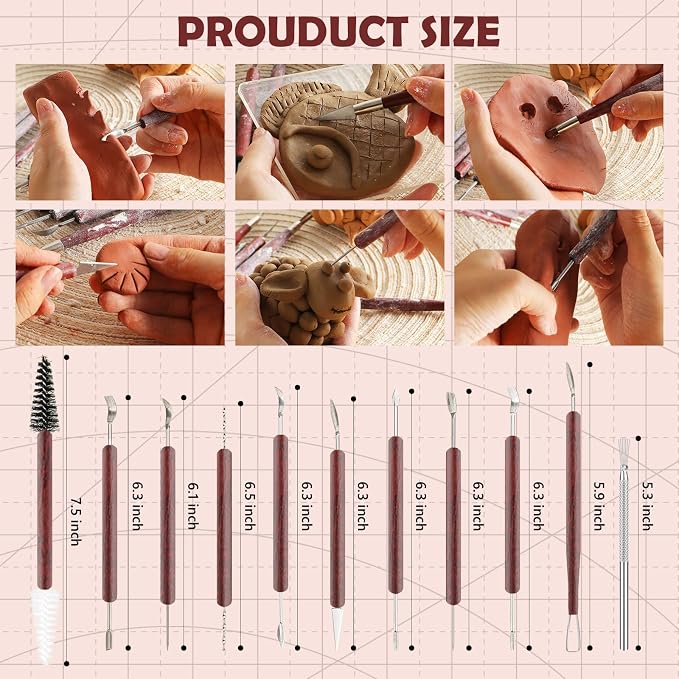 11PCS Clay Sculpting Tools Kit, Polymer Clay Tools for Pottery, Double-Head Ceramics Tool for Carving, Air Dry Clay, Pottery Kiln, Pottery Wheel, Shaping, Molding, Modeling, Adults, Students, Supplies