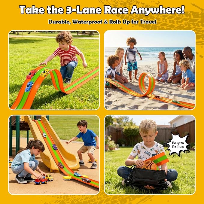 16ft Flex Track, Flexible Race Track for Kids 3-5 Year Old with 4 Pull-Back Cars, Portable Roll Up Racing Car Tracks for Toddlers, Birthday Gifts for Boys Girls (3 Lane - Green & Orange)