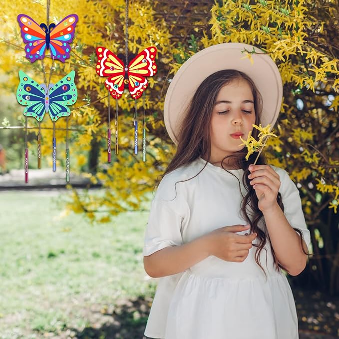 Fennoral 8 Pack Butterfly Wind Chime Kits for Kids Make Your Own Butterfly Wind Chimes Wooden Arts and Crafts Ornaments DIY to Paint Butterfly Craft for Summer Art Activity Birthday Gift Decoration