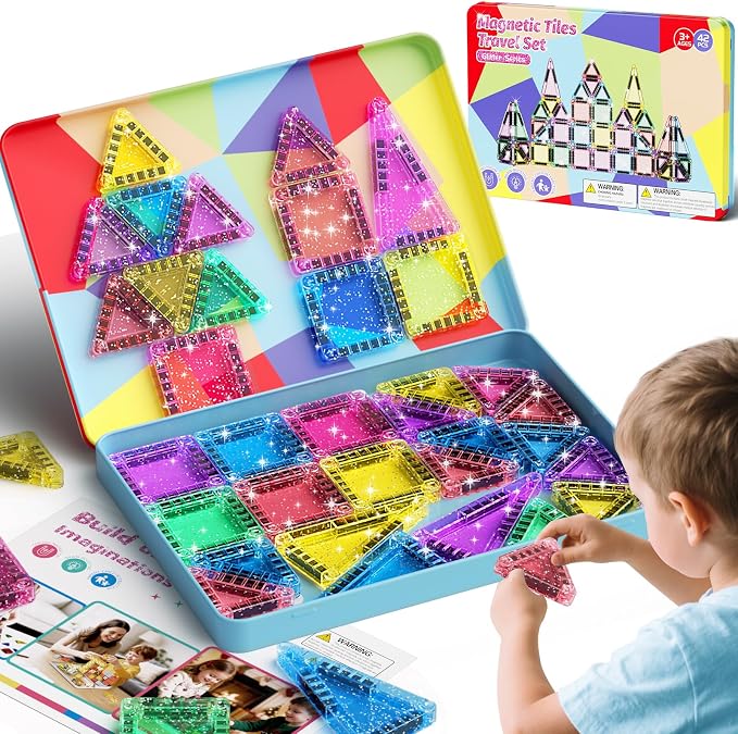 42 Pcs Mini Travel Glitter Magnetic Tiles Magnetic Block Set with Storage Box - STEM Educational Sensory Preschool Building Toy for Toddlers, Ideal Kids Gifts for Ages 2 3 4 5 6