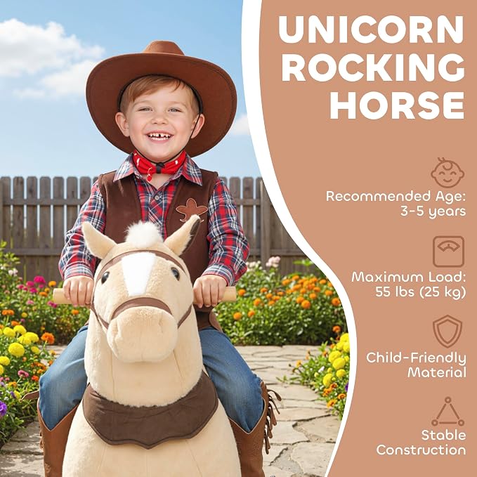 Qaba Ride on Horse for Kids 3-5 Years, 31.5 Inch Height Plush Riding Pony, Walking Horse Animal with Rolling Wheels for Active Play, No Batteries Required, Brown