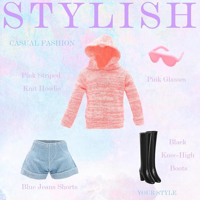 15 Pcs Doll Clothes and Accessories for 11.5 Inch Dolls Includes 5 Stylish Doll Outfit, Sport Sweet Set, Dress, Hoodie Fashion Casual Clothing Glasses Stockings Waist Bag Hat High Heels and Flat Shoes