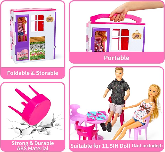 Style Shine Doll House Portable & Foldable Dollhouse w/ 60+ Pcs & 2 Dolls, Play House Toy with Bedroom Bathroom Kitchen Furniture Playset, Playhouse Gift for Girl Kid Toddler