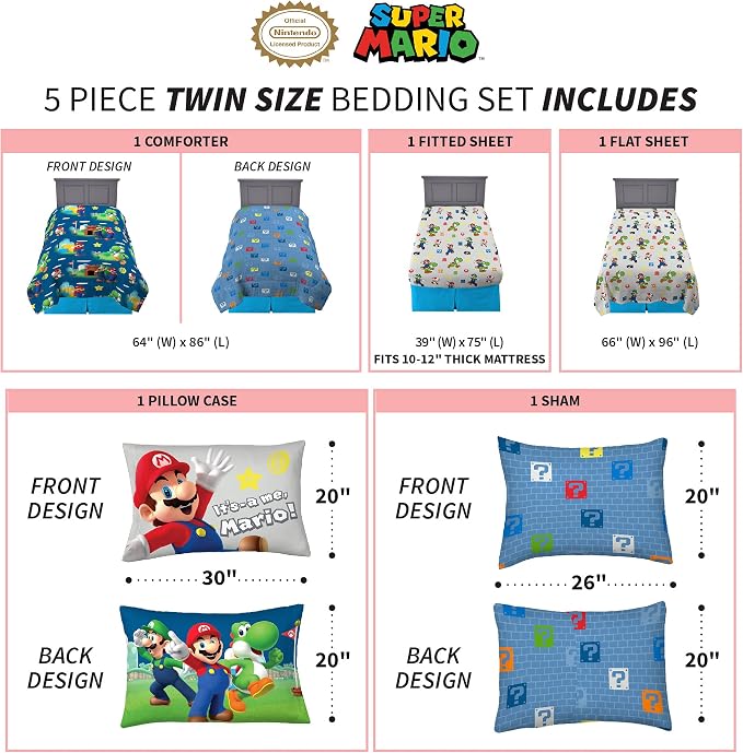 Super Mario Kids Bedding Set, Twin Size 5 Piece Comforter and Sheet Set with Sham, (Officially Licensed Product) by Franco