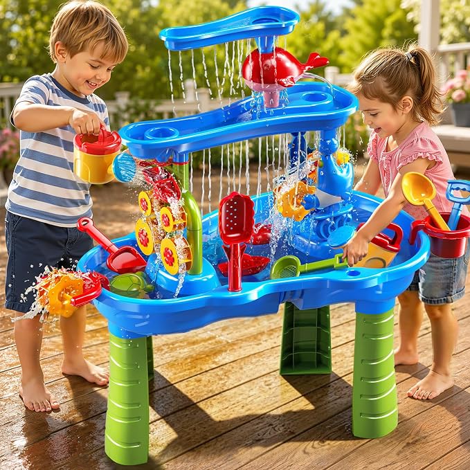 JUKUDAHU 3-Tier Water Table for Kids Ages 4-8 3-5, Sand and Water Table for Toddler with Beach Toys, Outdoor Toys Activity Sensory Play Table, Birthday Gifts for Toddlers 2 3 4 5 6 7 8 Boys Girls