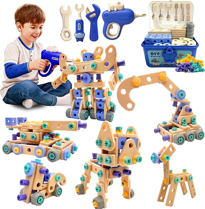 Kids STEM Building Toys For Ages 3-5 4-6 4-8 5-7 6-8 Years Old Boy Birthday Gift,101 Pcs Preschool Educational Construction Toys Tools Set With Drill,Toddler Design Drill Screw Toys (blue165)