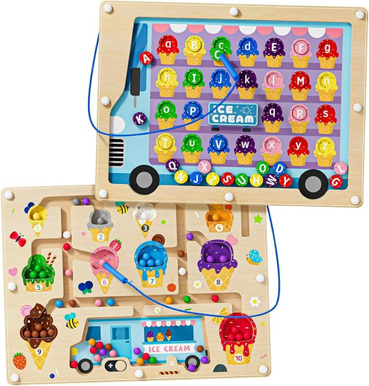 2 in 1 Magnetic Maze Board for Kids Montessori Toys Double-Sided Counting Magnetic Alphabet Letters ABC Magnets Puzzles 3-5 Age Boys and Girls Birthday Gifts