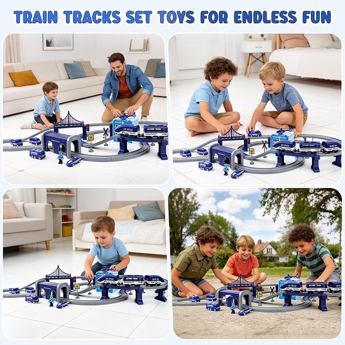 Wdmiya Train Set for Toddlers, 92 Pcs Train Toys for Kids Ages 3-8, Electric Trains Sets with Tracks (Magnetic Connection), Battery Operated Trains Birthday Gift for 3 4 5 6 7 8 (Police 92 Pcs)