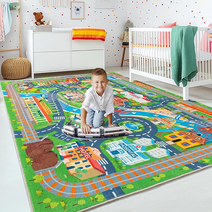 Car Rug Play Mat for Kids Toy Cars, 2 Packs 3'x4'/ 36"x48" Road Traffic Playmat for Kid Bedroom, Non-Slip Machine Washable Town City Race Track Carpet for Learn and Have Fun