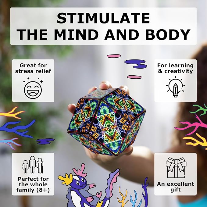 Shashibo Sensory Fidget Toy for Adults & Kids, Stress Relief Fidget Toy for Adults, Teens & Kids, Cool Fidget Toys for Desk, Classroom Must Have, Sensory Shape Shifting Cube, 100+ Possible Shapes