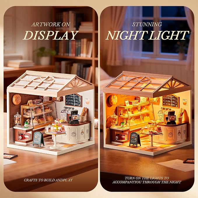 Miniature DIY House Kit Bakery Shop – 87Pcs 1:24 Scale Dollhouse Bake Shop Pastry Cafe with LED Light, Realistic Pastries & Connectable Base for Kids 8+ and Collectors
