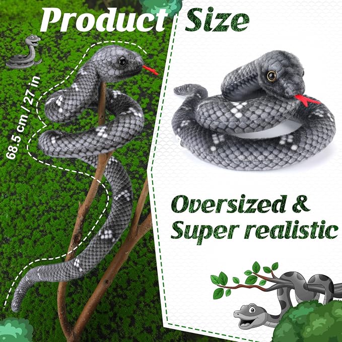 Snake Plush, Stuffed Snake Animal, 27 in Small Toy Snakes for Kids, Giant Stuffed Animals, Lifelike Plush Snake for Birthday Present Party Prank Prop (Black)