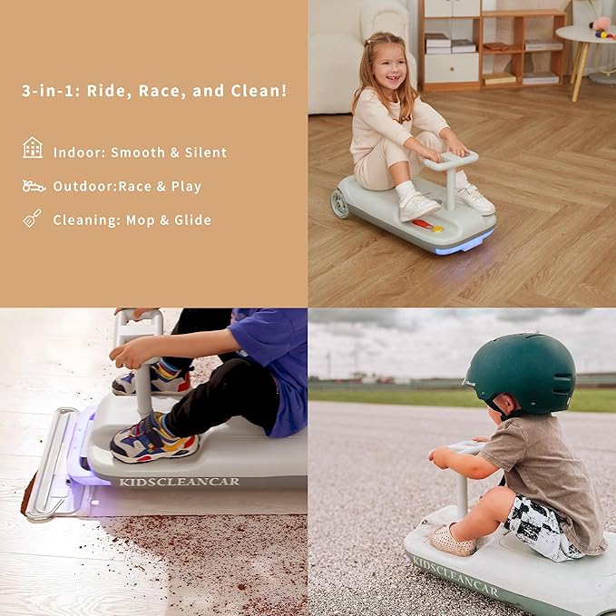 Kids Clean Car Ride-On Go Kart with Detachable Mop, Cleaning Fun 3-in-1 Electric Ride-On Toy for Kids Ages 3+, Parent-Controlled Speed Lock, Soft Start, Rechargeable 12V Battery, Indoor Outdoor, Gray