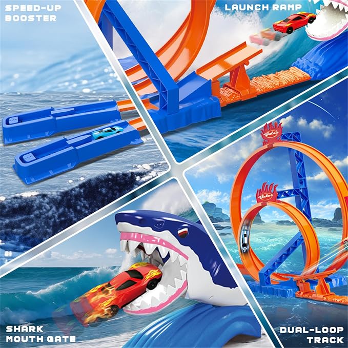 VATOS Shark Toys Car Track Set, Dual Loop Race Track Toy for Boys, Shark Car Racing Tracks with 2 Race Cars & Launchers, Jumping Raceway Playset Kids Toys Gift for Boys Girls 3 4 5 6 7 8 Year Old