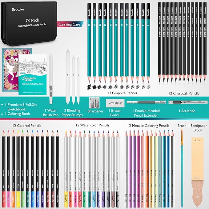 Soucolor 73 Pack Art Supplies Sketching Kit for Adults Artist Gifts, School Supplies, Drawing Sketching Pencils with Sketchbook, Coloring Book, Colored Watercolor Metallic Graphite Charcoal Pencils