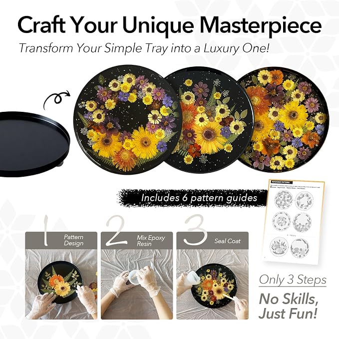 Auraeve All-in-One Resin Tray Craft Kit for Adults, Black-Pro, 11.8" | 54Pcs Real Flowers, 13.5OZ Epoxy Resin, Metal Tray, Gift for Craft Lovers, Create a Unique Trinket Organizer, Décor