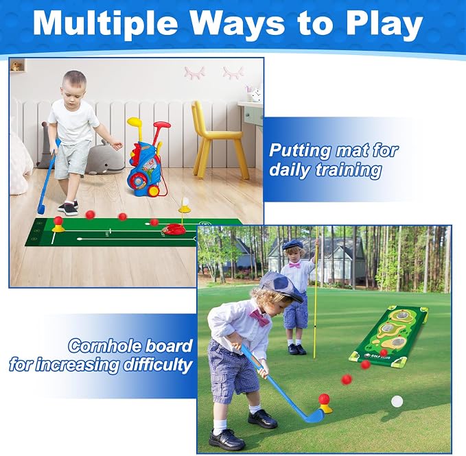 Toddler Golf Set for Boys Girls 2 3 4 Years Old, Upgraded Kids Golf Cart with Putting Mat & Cornhole Board, Outdoor Indoor Sports Toys, Blue