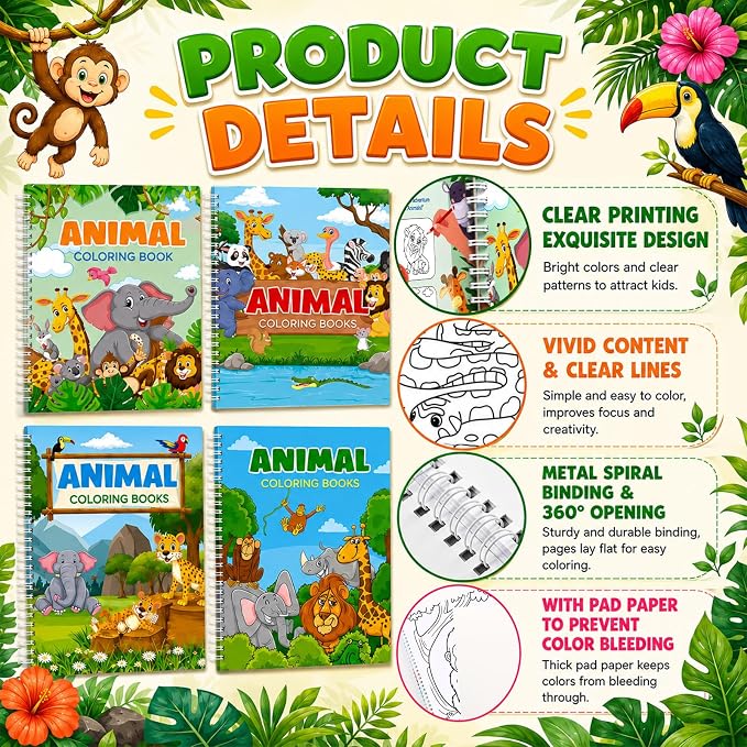 4 Pack Jungle Safari Animal Coloring Books 8.6x11 Inch Spiral Bound Coloring Books Bulk Zoo Animal Themed Activity Book DIY Crafts for Birthday Travel Gifts Party Favors Holiday Trip Supplies