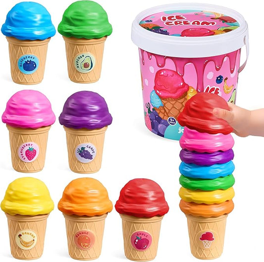 JoyCat Ice Cream Toy Set for Toddlers 1-5, Color Sorting & Stacking Toys, Pretend Play Food for Boy Girls Kids, Educational Fine Motor Skills Gift (7 Cones 7 Scoops 1 Bucket)