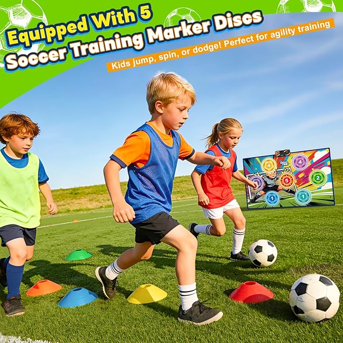 Electronic Scoring Soccer Toy Game Set for Kids with 5 Training Disc&2 Soft Balls,Indoor Outdoor Soccer Target Game Real-time Scoring 3 Modes Birthday Gifts for 3 4 5 6 7 8 9 10+ Years Old Boys Girls