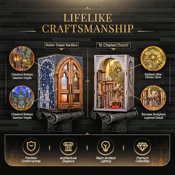 2 Pack DIY Dollhouse Kit, European Sacred Church Miniature with LED Light & Dustproof Design, Easy Assembly Wooden Architecture Craft for Adults Bookshelf Decor Creative Gift