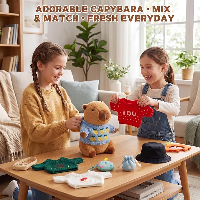 10 Pcs Capybara Plush Toy Set | Cute Capybara Stuffed Animal, 9 Clothes and Accessories, Dress Up Soft Plush Doll, Ideal Gift for Kids