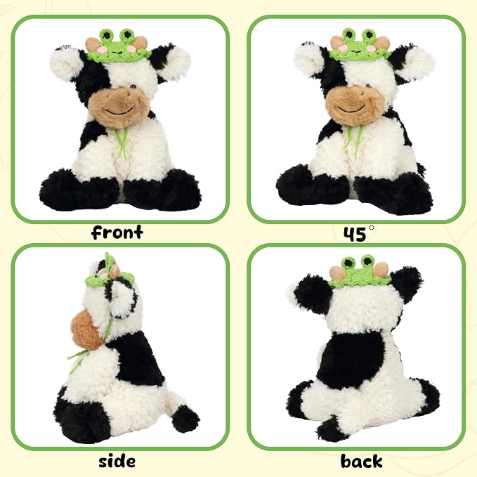 Hopearl Adorable Plush Cow Toy with Cute Tiny Knitted Frog Hat Floppy Dairy Cattle Soft Kawaii Stuffed Animal Birthday Holiday Gift for Boys Girls Kids Toddlers, 9''