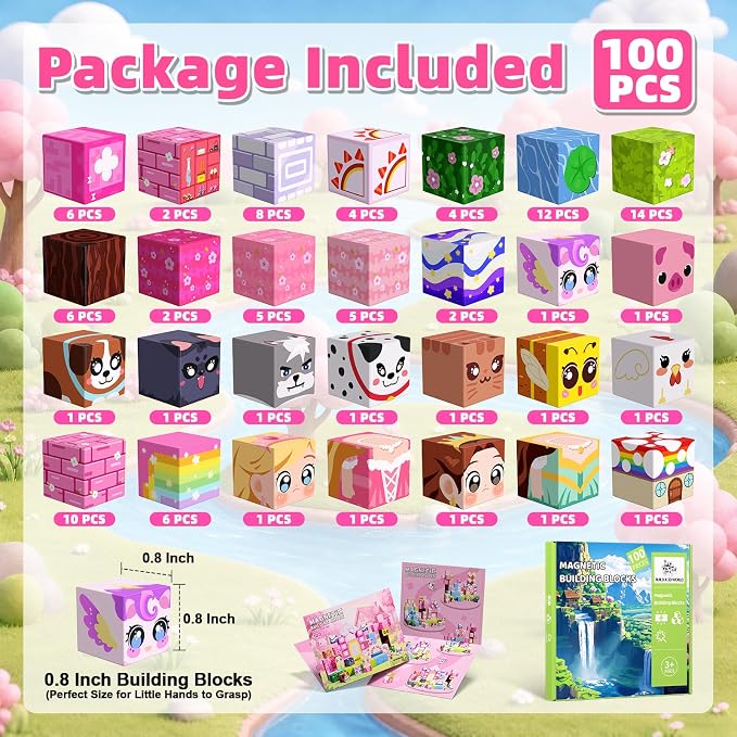 100PCS Magnetic Blocks, Magnetic Building Cube Set for Kids Ages 3+, Constructions STEM Stacking Tiles Toy Building Birthday Gifts for Girls