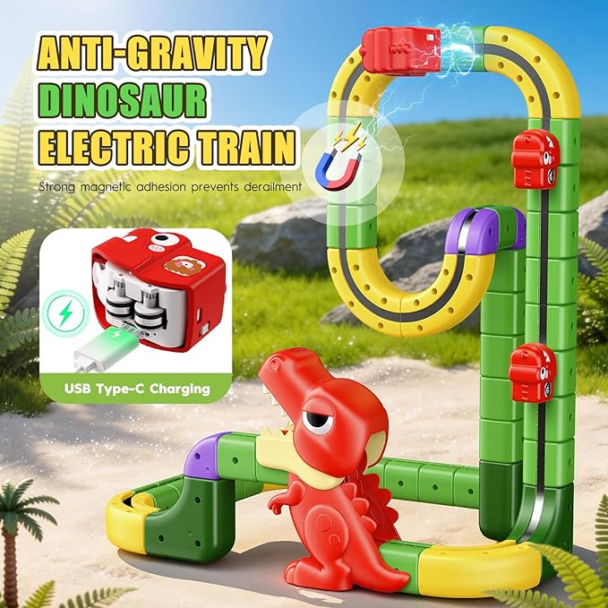 Dinosaur Magnetic Train Set Toys for Kids 3-5: 115PCS 3D Infinity Racer Cube Tracks Anti-Gravity Rail Electric Train Track Birthday Gifts Toys for 3 4 5 6 7 8 Year Old Boys Girl