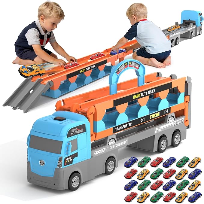 2-in-1 Foldable Race Track Truck Car Playset for 2-8 Years Old Boys Girls, Kids Truck Toys with Foldable 3 Layer Play Track & 24 Race Cars, Summer Toys Birthday Gifts for Toddlers