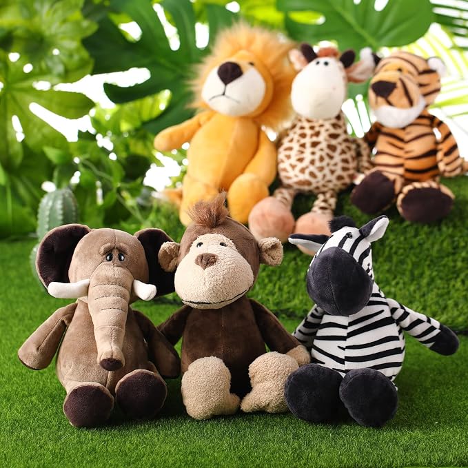 Zhanmai 6 Pieces Safari Stuffed Animals Plush Jungle Animal Toys Set for VBS 2026 Decorations Lion Elephant Zebra Giraffe Tiger Monkey for Boys Girls Birthday Animal Themed Parties