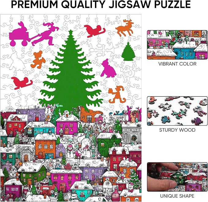 Ixfyloop Christmas Village Wooden Puzzles for Adults, Snowman Building Unique Shaped Jigsaw Puzzles 497 Pieces, Winter Challenging Puzzle Perfect for Family Games Lovers 13.6x18 Inch