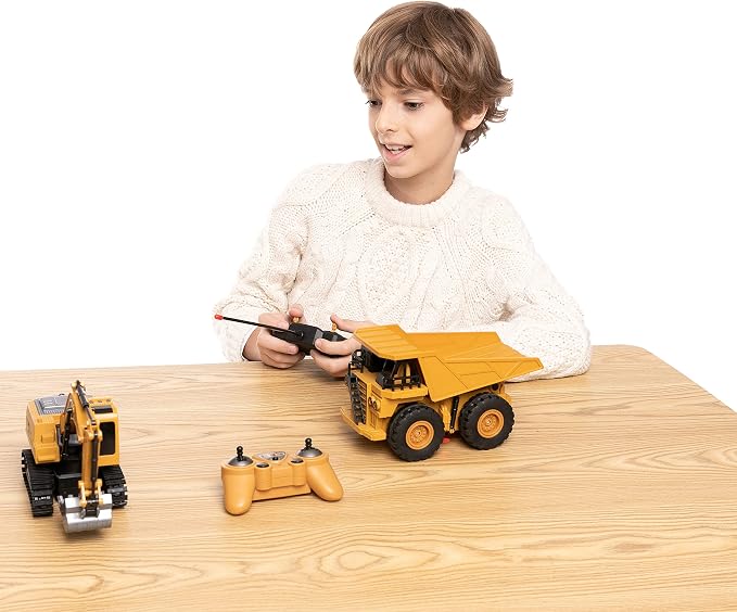 JOYIN 2 PCS Remote Control Construction Vehicle Toy Set, Friction-Powered RC Excavator & RC Dump Truck with Lights and Sounds for Imaginative Play, Birthday Gifts for Toddlers Boys Girls