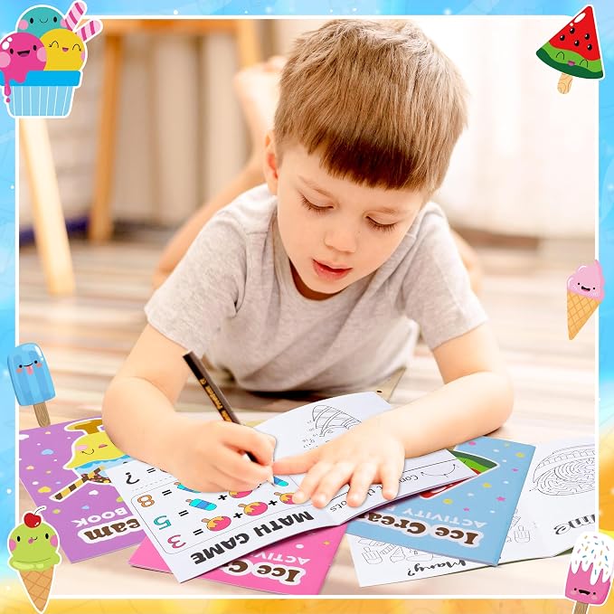 Ice Cream Activity Books for Kids 24Pcs Summer Ice Cream Mini Games Coloring Book Set Bulk Mazes Word Search Word Scramble Games for School Classroom DIY Art Gifts Summer Holiday Party Favors
