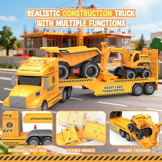 Toddler Toys for 3 4 5 6 Year Old Boys - 27" Large Semi Construction Carrier Truck Toy with Excavator and Dump Truck, 3-in-1 Friction Powered Transport Vehicle with Lights Sounds, Gifts for Boys