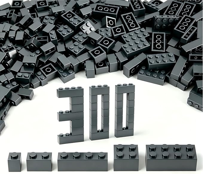 300Pcs Building Brick Bulk, Dark Gray Bulk Bricks with 5 Sizes, Compatible with Lego and Parts and Pieces, Creative Halloween Christmas Building Block Toys for Boys Girls Ages 6 7 8 9 10 Years Old