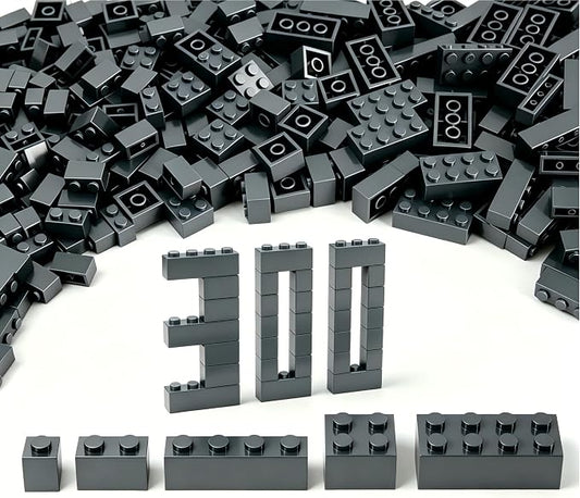 300Pcs Building Brick Bulk, Dark Gray Bulk Bricks with 5 Sizes, Compatible with Lego and Parts and Pieces, Creative Halloween Christmas Building Block Toys for Boys Girls Ages 6 7 8 9 10 Years Old