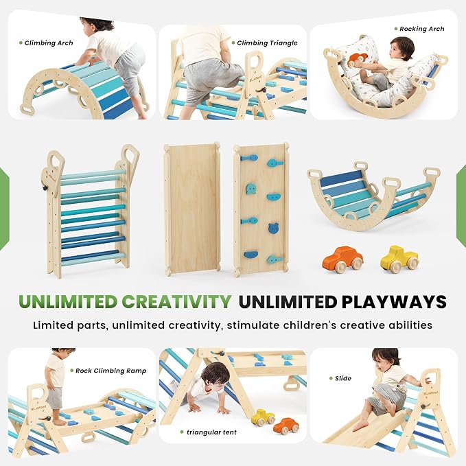 BlueWood Pikler Triangle Set with Cushion - Climbing Toys for Toddlers 9-in-1, Montessori Philosophy Play Jungle Gym with Arch, Ramp, Ladder (Blue)
