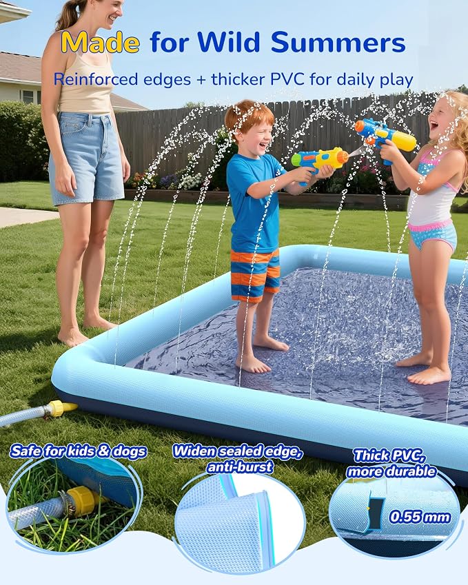 VISTOP Non-Slip Splash Pad for Kids and Dog, Thicken Sprinkler Pool Summer Outdoor Water Toys - Fun Backyard Fountain Play Mat for Baby Girls Boys Children or Pet Dog (97 * 60 inch, Blue&Blue)