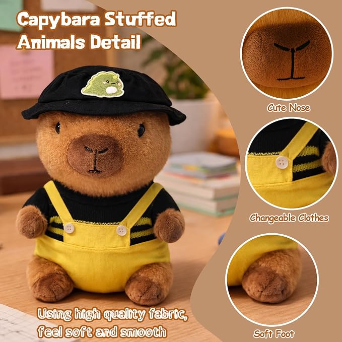 Capybara Plush Toy Capybara Plush with 9 Clothes and Accessories Super Soft Capybara Stuffed Animal for Kids Girls Boys 10.2inch (Black Capybara)