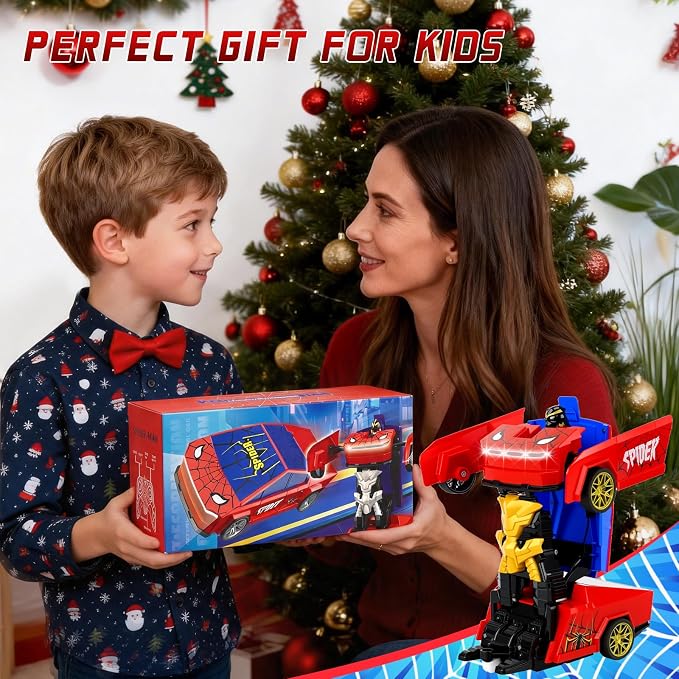 Spider Transform RC Car Toy for Boys 3-8, 2.4GHz Remote Control Cyber Hero Robot Car with LED Light, One-Button Deformation, 360° Drift Pickup Truck Toy Gift for Kids