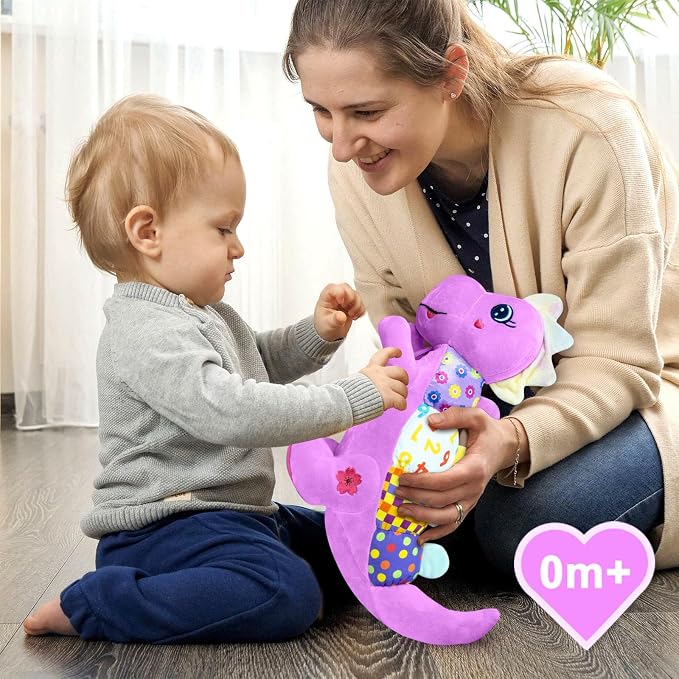 Baby Dino Musical Stuffed Animal Toys for 0-3-6-9-12 Months，Infant Dinosaur Tummy Time Toys with Crinkle Sound Paper,Teether，Textures & Rattles for Newborn Boys Girls Birthday Gifts，Purple