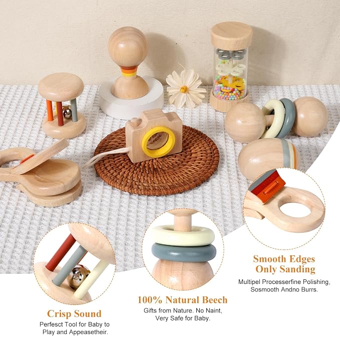 WODI Wooden Baby Toy 7pcs, Montessori Toys for Babies 0-3-6-12 Months, Toddler Hand Wooden Rattles Toy Set for Infant Grasping with Storage Bag, Sensory Development, Gift for Baby Boys Girls
