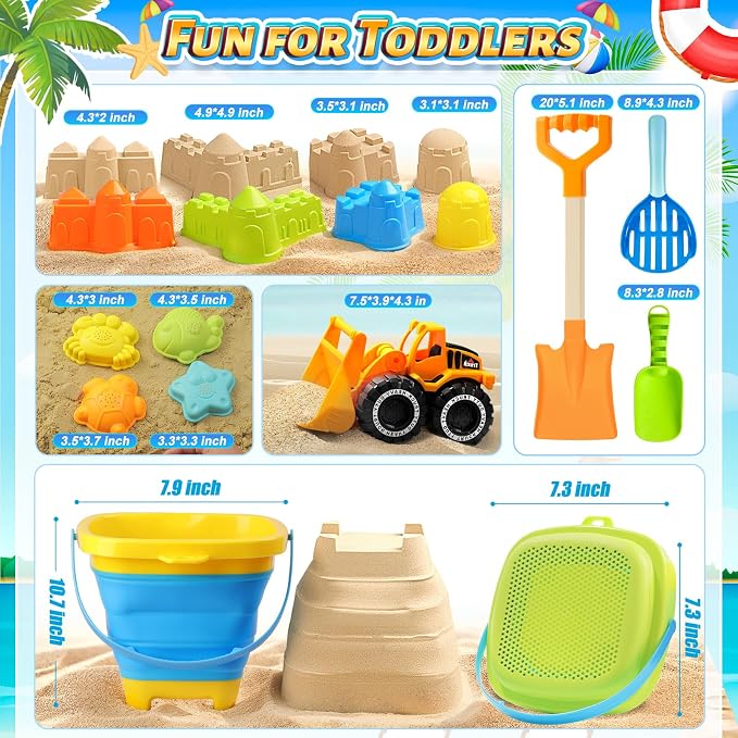 Collapsible Beach Sand Toys for Kids, Sandbox Toys Includes Bucket, Sand Shovel, Beach Sifter, Castle Molds, Toddler Beach Toys with Mesh Bag, Summer Travel Outdoor Beach Essentials for Kids Girls