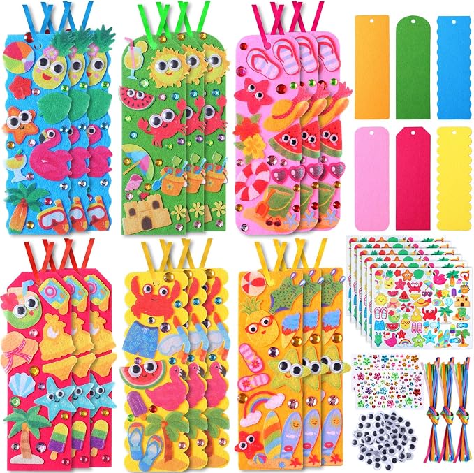 Capoda Summer Bookmark Craft Kits Felt DIY Make Your Own Bookmark with Tropical Fruits Pool Beach Foam Stickers for Classroom Activities Reading Camping Reward Party Favors (36,Summer)