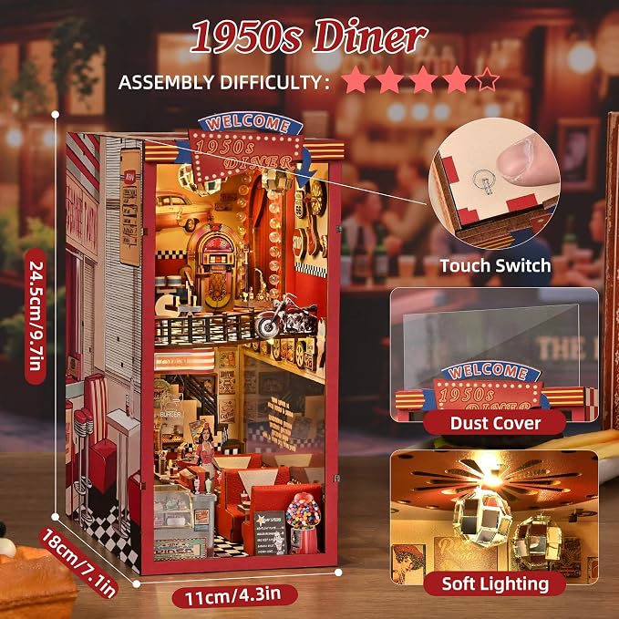 fifijoy Book Nook Kit - DIY Miniature House Kit for Adults, Retro 1950s Diner Tiny House Building Kit with LED, Dollhouse Kit Bookshelf Insert Decor Gifts of Family and Friends (1950s Diner)